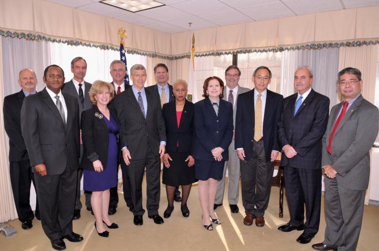 Senior level executives and the 2010 Presidential Rank Award winners. First Row: Melvin Williams; Neile Miller for James B. Lambert and Theodore D. Sherry; Daniel Poneman, Patricia R. Worthington, Sandra Waisley for David A. Brockman, Secretary Chu, Frank B. Russo, and Steven Aoki. Second Row: William Barker for Andrew Lawrence, Raymond V. Furstenau,
Charles McConnell for Victor A. Der, Michael Weis, and Michael C. Kane | Photo courtesy of the Energy Department.
Senior level executives and the 2010 Presidential Rank Award winners. First Row: Melvin Williams; Neile Miller for James B. Lambert and Theodore D. Sherry; Daniel Poneman, Patricia R. Worthington, Sandra Waisley for David A. Brockman, Secretary Chu, Frank B. Russo, and Steven Aoki. Second Row: William Barker for Andrew Lawrence, Raymond V. Furstenau,
Charles McConnell for Victor A. Der, Michael Weis, and Michael C. Kane | Photo courtesy of the Energy Department.