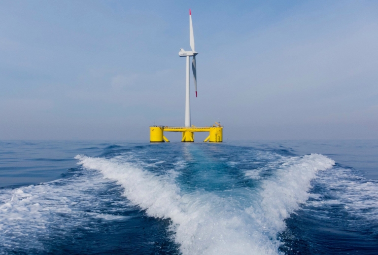 Principle Power's wind float prototype in Portugal. The company was recently awarded an Energy Department grant to support a 30 megawatt floating offshore wind farm near Oregon's Port of Coos Bay. | Photo courtesy of Principle Power. Principle Power's wind float prototype in Portugal. The company was recently awarded an Energy Department grant to support a 30 megawatt floating offshore wind farm near Oregon's Port of Coos Bay. | Photo courtesy of Principle Power.