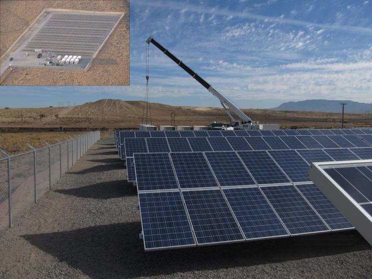The PNM Prosperity Energy Storage Project is the nation’s first combined solar generation and storage facility to be fully integrated into a utility’s power grid.  Pictured above are the facility's solar panels, including an aerial view in the upper left. | Image courtesy of PNM