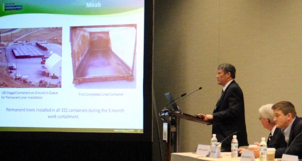 In a Waste Management Conference session titled “Hot Topics in U.S. DOE Environmental Management,” EM Deputy Assistant Secretary for Site Restoration Mark Gilbertson, left, identified several EM achievements. He pointed to the startup of the 200 West pump-and-treat operation at Hanford, the first facility in the DOE complex to attain the Leadership for Energy and Environmental Design (LEED) gold certification for sustainable design. Gilbertson also highlighted the 2012 launch of the Biomass Cogeneration Facility at the Savannah River Site. In a Waste Management Conference session titled “Hot Topics in U.S. DOE Environmental Management,” EM Deputy Assistant Secretary for Site Restoration Mark Gilbertson, left, identified several EM achievements. He pointed to the startup of the 200 West pump-and-treat operation at Hanford, the first facility in the DOE complex to attain the Leadership for Energy and Environmental Design (LEED) gold certification for sustainable design. Gilbertson also highlighted the 2012 launch of the Biomass Cogeneration Facility at the Savannah River Site.