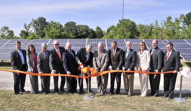 Deputy Secretary of Energy Daniel Poneman joins officials from Tennessee government agencies and the University of Tennessee at the official opening of the West Tennessee Solar Farm. | Energy Department photo.