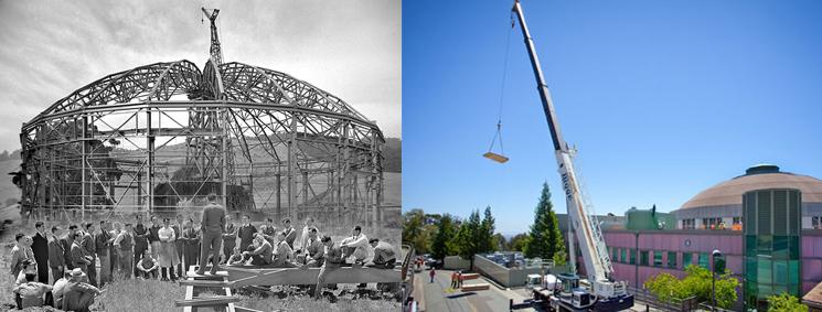 Berkeley Lab's iconic building, the Advanced Light Source, is getting a new cool roof, righ, that will reflect sunlight back into the atmosphere, playing a small part in mitigating global warming. On left, Ernest Orlando Lawrence talks to colleagues at the construction site of the cyclotron, built in 1941. | Courtesy of Lawrence Berkeley National Laboratory; Roy Kaltschmidt, Berkeley Lab Public Affairs Berkeley Lab's iconic building, the Advanced Light Source, is getting a new cool roof, righ, that will reflect sunlight back into the atmosphere, playing a small part in mitigating global warming. On left, Ernest Orlando Lawrence talks to colleagues at the construction site of the cyclotron, built in 1941. | Courtesy of Lawrence Berkeley National Laboratory; Roy Kaltschmidt, Berkeley Lab Public Affairs