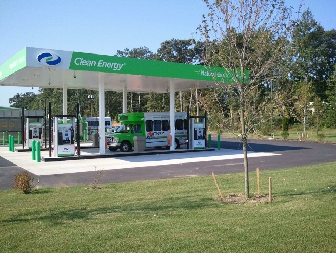 Natural gas jitneys like this are Atlantic City's main form of public transportation. These vehicles were used to evacuate vulnerable residents during Hurricane Sandy. This vehicle is fueling up at a natural gas station built, owned, and operated by Clean Energy Fuels, who kept the station running despite widespread shortages of gasoline and diesel elsewhere. | Photo courtesy of Clean Energy