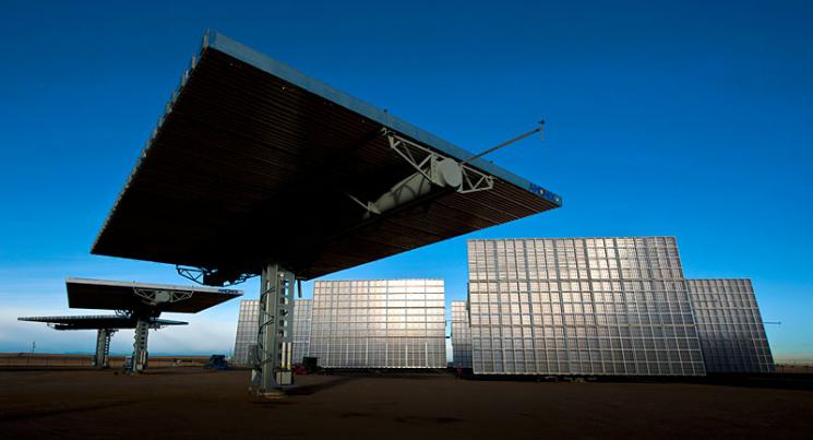 The Amonix 7700 CPV Solar Power Generators at the SolarTAC facility in Aurora, Colorado. | Photo credit: Dennis Schroeder, National Renewable Energy Laboratory staff photographer The Amonix 7700 CPV Solar Power Generators at the SolarTAC facility in Aurora, Colorado. | Photo credit: Dennis Schroeder, National Renewable Energy Laboratory staff photographer