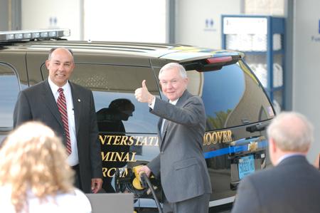 Mayor Petelos and Senator Jeff Sessions filling up a Hoover Police Tahoe with certified fuel made from Hoover's very own wood-waste last year. | Photo courtesy of Lori Salter | Mayor Petelos and Senator Jeff Sessions filling up a Hoover Police Tahoe with certified fuel made from Hoover's very own wood-waste last year. | Photo courtesy of Lori Salter |