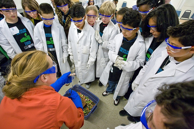 An LBNL scientist explains the properties of liquid nitrogen to students on Bring Your Sons and Daughters to Work Day. | Courtesy of Lawrence Berkeley National Lab | Credit: Roy Kaltschmidt.
An LBNL scientist explains the properties of liquid nitrogen to students on Bring Your Sons and Daughters to Work Day. | Courtesy of Lawrence Berkeley National Lab | Credit: Roy Kaltschmidt.