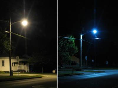 New LED lighting fixtures (right) emit a whiter light than existing high-pressure sodium cobra head streetlights (left) and don't spill light onto nearby houses. | Photos courtesy of the City of Muscatine New LED lighting fixtures (right) emit a whiter light than existing high-pressure sodium cobra head streetlights (left) and don't spill light onto nearby houses. | Photos courtesy of the City of Muscatine