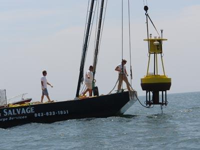 Researchers pull buoys from waters off South Carolina's coast. The buoys collected wind speed measurements for the past year. | Photo courtesy of the Center for Marine and Wetland Studies Researchers pull buoys from waters off South Carolina's coast. The buoys collected wind speed measurements for the past year. | Photo courtesy of the Center for Marine and Wetland Studies