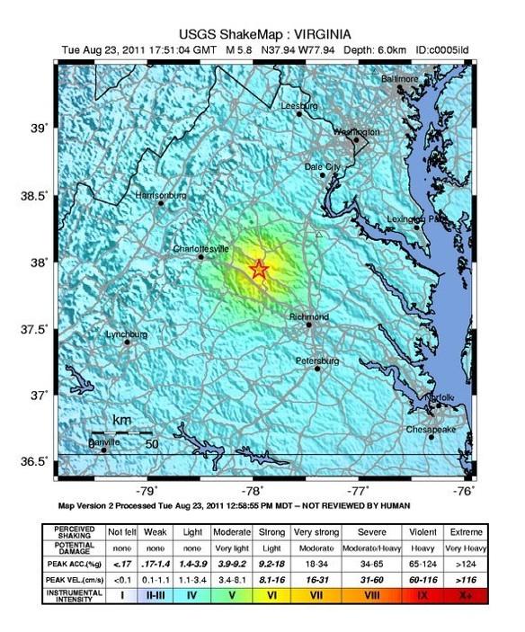 A map of the August 23, 2011, Mineral, Virginia, earthquake that shook the east coast of the United States. | Image courtesy of the U.S. Geological Service