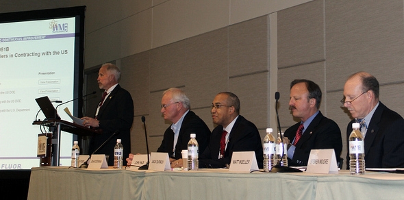 Pictured at the session on barriers in small business contracting, left to right, are Jim Fiore of Fiore Consulting; John Coffman of DeNuke Contracting Services, Inc.; John Hale III of the DOE Office of Small and Disadvantaged Business Utilization; Jack Surash of EM; and Matt Moeller of Dade Moeller. Pictured at the session on barriers in small business contracting, left to right, are Jim Fiore of Fiore Consulting; John Coffman of DeNuke Contracting Services, Inc.; John Hale III of the DOE Office of Small and Disadvantaged Business Utilization; Jack Surash of EM; and Matt Moeller of Dade Moeller.