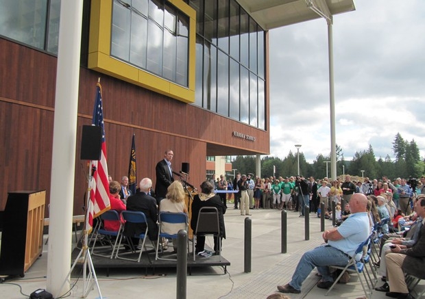The community of Vernonia, OR, celebrates the opening of a new energy efficient school. | Photo courtesy of <a href="http://www.opb.org/news/slideshow/vernonia-high-school/">April Baer, OPB</a>. The community of Vernonia, OR, celebrates the opening of a new energy efficient school. | Photo courtesy of <a href="http://www.opb.org/news/slideshow/vernonia-high-school/">April Baer, OPB</a>.