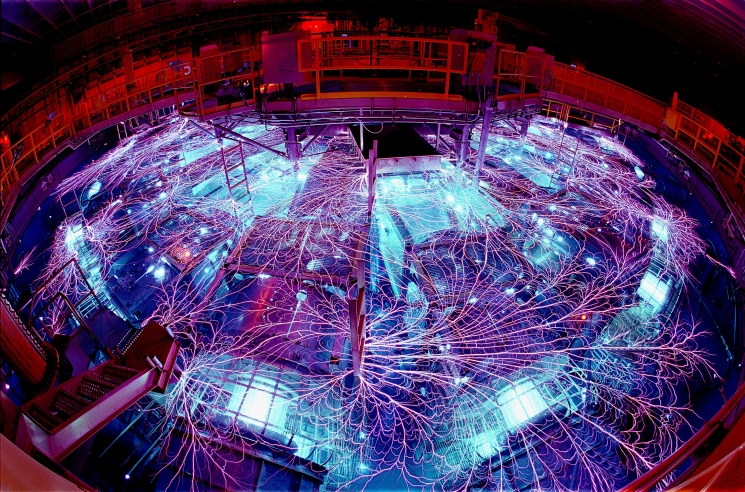 The Z machine, the largest X-ray generator in the world, is located in Albuquerque, New Mexico. As part of the Pulsed Power Program, which started at Sandia National Laboratories in the 1960s, the Z machine concentrates electrical energy and turns it into short pulses of enormous power, which can then be used to generate X-rays and gamma rays. Click on the image for a full size version. | Photo credit: Randy Montoya/Sandia National Laboratories.