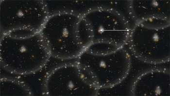 An artist's conception of the measurement scale of the universe. Baryon acoustic oscillations are the tendency of galaxies and other matter to cluster in spheres, which originated as density waves traveling through the plasma of the early universe. The clustering is greatly exaggerated in this illustration. The radius of the spheres (white line) is the scale of a "standard ruler" allowing astronomers to determine, within one percent accuracy, the large-scale structure of the universe and how it has evolved. | Image courtesy of Zosia Rostomian, Lawrence Berkeley National Laboratory. An artist's conception of the measurement scale of the universe. Baryon acoustic oscillations are the tendency of galaxies and other matter to cluster in spheres, which originated as density waves traveling through the plasma of the early universe. The clustering is greatly exaggerated in this illustration. The radius of the spheres (white line) is the scale of a "standard ruler" allowing astronomers to determine, within one percent accuracy, the large-scale structure of the universe and how it has evolved. | Image courtesy of Zosia Rostomian, Lawrence Berkeley National Laboratory.