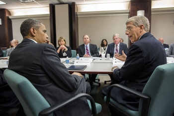 President Barack Obama listens to Acting Energy Secretary Daniel B. Poneman during a meeting with electric utility CEOs and trade association representatives at the Department of Energy in Washington, D.C., May 8, 2013. The group met to discuss lessons learned during the response to Hurricane Sandy, as well as the ongoing preparations for 2013 hurricane season, which begins June 1. | Official White House Photo by Pete Souza. President Barack Obama listens to Acting Energy Secretary Daniel B. Poneman during a meeting with electric utility CEOs and trade association representatives at the Department of Energy in Washington, D.C., May 8, 2013. The group met to discuss lessons learned during the response to Hurricane Sandy, as well as the ongoing preparations for 2013 hurricane season, which begins June 1. | Official White House Photo by Pete Souza.
