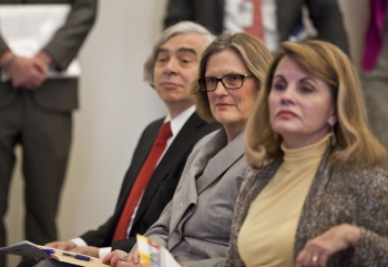 Today, newly sworn-in Secretary of Energy Dr. Ernest Moniz delivered welcoming remarks at the White House Leadership Summit on Women, Climate and Energy. The event gathered 100 of the nation's top women in climate and energy to discuss priorities and solutions to challenges in these fields. They spent the day talking about the crucial roles women play in science, energy and climate to improve communities, workplaces, and schools all over the world.
In this photo, Secretary Moniz is joined by former astronaut and Acting Administrator of the National Oceanic and Atmospheric Administration Dr. Kathy Sullivan (center) and Department of Energy Senior Advisor Melanie Kenderdine (right). <a href="/photos/white-house-leadership-summit-women-climate-and-energy" target="_blank">Check out more photos from the event here</a>. | Photo by Sarah Gerrity, Department of Energy. Today, newly sworn-in Secretary of Energy Dr. Ernest Moniz delivered welcoming remarks at the White House Leadership Summit on Women, Climate and Energy. The event gathered 100 of the nation's top women in climate and energy to discuss priorities and solutions to challenges in these fields. They spent the day talking about the crucial roles women play in science, energy and climate to improve communities, workplaces, and schools all over the world.
In this photo, Secretary Moniz is joined by former astronaut and Acting Administrator of the National Oceanic and Atmospheric Administration Dr. Kathy Sullivan (center) and Department of Energy Senior Advisor Melanie Kenderdine (right). <a href="/photos/white-house-leadership-summit-women-climate-and-energy" target="_blank">Check out more photos from the event here</a>. | Photo by Sarah Gerrity, Department of Energy.