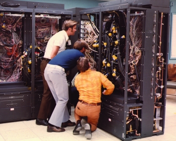 What may appear to be a jumble of wires is actually the CDC 7600, one of the fastest supercomputers in the world between 1969 and 1975. With its first installation at Lawrence Livermore National Laboratory, the CDC 7600 continued to lead in computing and custom-software development for nuclear design and plasma simulations. It had 5,000 times the computing power of the UNIVAC, and connected researchers at remote workstations to the CDC 6600s and 7600s, creating one of the first -- and the largest -- such networking systems. | Photo courtesy of Lawrence Livermore National Laboratory. What may appear to be a jumble of wires is actually the CDC 7600, one of the fastest supercomputers in the world between 1969 and 1975. With its first installation at Lawrence Livermore National Laboratory, the CDC 7600 continued to lead in computing and custom-software development for nuclear design and plasma simulations. It had 5,000 times the computing power of the UNIVAC, and connected researchers at remote workstations to the CDC 6600s and 7600s, creating one of the first -- and the largest -- such networking systems. | Photo courtesy of Lawrence Livermore National Laboratory.