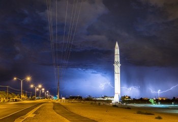 Did you know: a typical bolt of lightning is about 3 miles long and heats the air immediately surrounding the bolt to over 20,000 degrees Celsius? That's three times hotter than the surface of the sun. For many Americans, summer isn't complete without an exciting thunderstorm to break up the heat. This electrifying photo was taken by Sandia Labs photographer Randy Montoya during a summer storm on July 21, 2013. The lightning illuminated the Redstone rocket that stands in front of the National Museum of Nuclear Science & History in Albuquerque, New Mexico. | Photo courtesy of Randy Montoya, Sandia National Laboratory. Did you know: a typical bolt of lightning is about 3 miles long and heats the air immediately surrounding the bolt to over 20,000 degrees Celsius? That's three times hotter than the surface of the sun. For many Americans, summer isn't complete without an exciting thunderstorm to break up the heat. This electrifying photo was taken by Sandia Labs photographer Randy Montoya during a summer storm on July 21, 2013. The lightning illuminated the Redstone rocket that stands in front of the National Museum of Nuclear Science & History in Albuquerque, New Mexico. | Photo courtesy of Randy Montoya, Sandia National Laboratory.