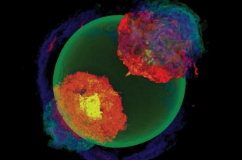 The ability to do 3D, large-scale simulations of supernovae, such as above, led to the discovery of an entirely new and unexpected explosion mechanism, termed the gravitationally confined detonation (GCD) model. <a href="http://energy.gov/photos/supercomputers-pictorial-superpowers">Click here to view a slideshow of images</a>. | Image: Courtesy Flash Center for Computational Science, University of Chicago The ability to do 3D, large-scale simulations of supernovae, such as above, led to the discovery of an entirely new and unexpected explosion mechanism, termed the gravitationally confined detonation (GCD) model. <a href="http://energy.gov/photos/supercomputers-pictorial-superpowers">Click here to view a slideshow of images</a>. | Image: Courtesy Flash Center for Computational Science, University of Chicago