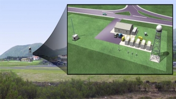 This artist's rendering illustrates the full site installation, including a new aerosol observing system (far left) and a precipitation radar (far right, with 20-ft tower). The site is located near the Graciosa Island aiport terminal, hidden by the image inset. | Image courtesy of ARM Climate Research Facility. This artist's rendering illustrates the full site installation, including a new aerosol observing system (far left) and a precipitation radar (far right, with 20-ft tower). The site is located near the Graciosa Island aiport terminal, hidden by the image inset. | Image courtesy of ARM Climate Research Facility.