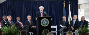 DOE Deputy Under Secretary for Management and Performance David Klaus, center, speaks during the SRNL 10th anniversary ceremony. Seated behind Klaus, left to right, are Savannah River Nuclear Solutions President and CEO Dwayne Wilson, U.S. Rep. Joe Wilson, U.S. Sen. Tim Scott, SRNL Director Dr. Terry Michalske, U.S. Sen. Lindsey Graham, EM Acting Assistant Secretary Dave Huizenga, and Savannah River Operations Office Manager Dr. Dave Moody. DOE Deputy Under Secretary for Management and Performance David Klaus, center, speaks during the SRNL 10th anniversary ceremony. Seated behind Klaus, left to right, are Savannah River Nuclear Solutions President and CEO Dwayne Wilson, U.S. Rep. Joe Wilson, U.S. Sen. Tim Scott, SRNL Director Dr. Terry Michalske, U.S. Sen. Lindsey Graham, EM Acting Assistant Secretary Dave Huizenga, and Savannah River Operations Office Manager Dr. Dave Moody.