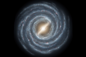 This is a graphic representation of the Milky Way, the galaxy in which Earth is contained. Scientists know of more than 20 visible satellite galaxies that circle the center of the Milky Way, with masses ranging from one million to one billion solar masses. Occasionally, one of these orbiting galaxies pass through the Milky Way making waves for millennia. | Graphic courtesy of NASA This is a graphic representation of the Milky Way, the galaxy in which Earth is contained. Scientists know of more than 20 visible satellite galaxies that circle the center of the Milky Way, with masses ranging from one million to one billion solar masses. Occasionally, one of these orbiting galaxies pass through the Milky Way making waves for millennia. | Graphic courtesy of NASA