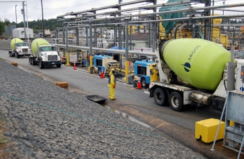 Grouting of two Savannah River Site waste tanks began in August. Here, the first trucks with grout arrive at F Tank Farm. Grouting of two Savannah River Site waste tanks began in August. Here, the first trucks with grout arrive at F Tank Farm.