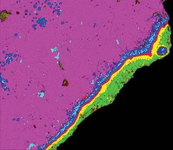 Compositional X-ray image of the rim and margin of a ~4.6 billion year old calcium aluminum refractory inclusion (CAI)â¨from the Allende carbonaceous chondrite. | Courtesy of Lawrence Livermore National Laboratory Compositional X-ray image of the rim and margin of a ~4.6 billion year old calcium aluminum refractory inclusion (CAI)â¨from the Allende carbonaceous chondrite. | Courtesy of Lawrence Livermore National Laboratory