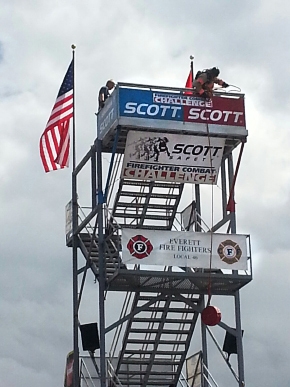 Hanford Fire Department Lt. Anthony Lovato, Jr. performs the 40-pound tower hoisting leg of the Scott Firefighter Combat Challenge in Everett, Wash. Hanford Fire Department Lt. Anthony Lovato, Jr. performs the 40-pound tower hoisting leg of the Scott Firefighter Combat Challenge in Everett, Wash.