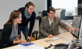 Serena DeBeer of Cornell University and the Max Planck Institute for Bioinorganic Chemistry, led the the team that performed crucial experiments at SLAC. Dr. DeBeer is pictured above with Michael Roemelt and Frank Neese, also of the Max Planck Institute. <a href = "https://news.slac.stanford.edu/image/nitrogenese-enzyme-model">Click here to see a photo of the nitrogenase enzyme</a>. Serena DeBeer of Cornell University and the Max Planck Institute for Bioinorganic Chemistry, led the the team that performed crucial experiments at SLAC. Dr. DeBeer is pictured above with Michael Roemelt and Frank Neese, also of the Max Planck Institute. <a href = "https://news.slac.stanford.edu/image/nitrogenese-enzyme-model">Click here to see a photo of the nitrogenase enzyme</a>.