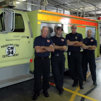 Hanford firefighters stand next to the 31-year-old chemical truck. Pictured, left to right, are Hanford Fire Lt. Robert Smith, Firefighter/Paramedic Kyle Harbert, Firefighter Don Blackburn and Capt. Sean Barajas. Hanford firefighters stand next to the 31-year-old chemical truck. Pictured, left to right, are Hanford Fire Lt. Robert Smith, Firefighter/Paramedic Kyle Harbert, Firefighter Don Blackburn and Capt. Sean Barajas.