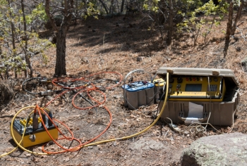 Crews conducted the geophysics study using a machine called the Super Sting to measure the resistivity of the complex underlying geologic strata. Crews conducted the geophysics study using a machine called the Super Sting to measure the resistivity of the complex underlying geologic strata.