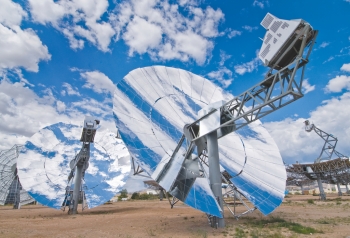 These solar power collection dishes at Sandia National Labs' National Solar Thermal Test Facility are capable of some of the highest solar to electricity conversion. In January 2008, this technology set a new solar-to-grid system conversion efficiency record of 31.25 percent net efficiency rate; the technology is still available to benefit the U.S. by delivering power at all hours of the day by implementing thermal energy storage. CSP with storage provides important benefits to integrate more renewable energy to our electric power supply by mitigating resource variability and satisfying peak demand after sunset. | Photo courtesy of Sandia National Laboratories. These solar power collection dishes at Sandia National Labs' National Solar Thermal Test Facility are capable of some of the highest solar to electricity conversion. In January 2008, this technology set a new solar-to-grid system conversion efficiency record of 31.25 percent net efficiency rate; the technology is still available to benefit the U.S. by delivering power at all hours of the day by implementing thermal energy storage. CSP with storage provides important benefits to integrate more renewable energy to our electric power supply by mitigating resource variability and satisfying peak demand after sunset. | Photo courtesy of Sandia National Laboratories.