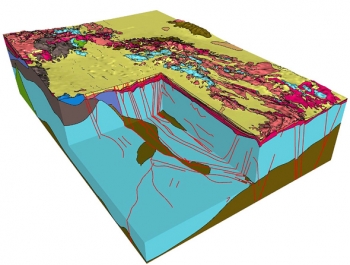 In this model example, each geologic unit is represented by a different color. The red lines represent faults. In this model example, each geologic unit is represented by a different color. The red lines represent faults.