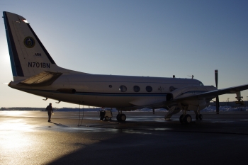 This Gulfstream-1 research plane carries a payload of more than 30 scientific instruments to measure smoke from forest fires and other biomass burns. | Image courtesy of Pacific Northwest National Laboratory. This Gulfstream-1 research plane carries a payload of more than 30 scientific instruments to measure smoke from forest fires and other biomass burns. | Image courtesy of Pacific Northwest National Laboratory.