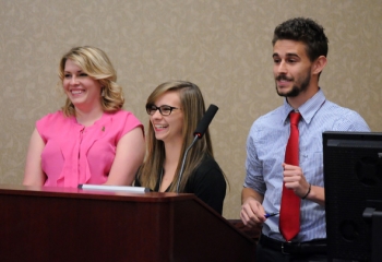 Team Atom presents its proposal for a nuclear power plant, which earned Shawnee State University students second place in the competition. From left: Rebekah Keys, Rebecca Legge, and Thomas Carbonari. Team Atom presents its proposal for a nuclear power plant, which earned Shawnee State University students second place in the competition. From left: Rebekah Keys, Rebecca Legge, and Thomas Carbonari.