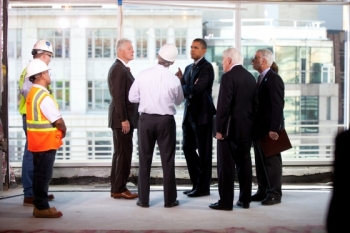 President Barack Obama and former President Bill Clinton take a tour of the upgrades of the Transwestern Building in Washington, Dec. 2, 2011. | Official White House Photo by Lawrence Jackson. President Barack Obama and former President Bill Clinton take a tour of the upgrades of the Transwestern Building in Washington, Dec. 2, 2011. | Official White House Photo by Lawrence Jackson.