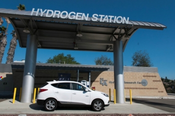 A fuel cell electric vehicle (FCEV) at a fueling station in California. A fuel cell electric vehicle (FCEV) at a fueling station in California.