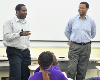 Aaron White (left), an environmental scientist with OREM, speaks to Vine Middle School students about the opportunities available through a college education. Aaron White (left), an environmental scientist with OREM, speaks to Vine Middle School students about the opportunities available through a college education.