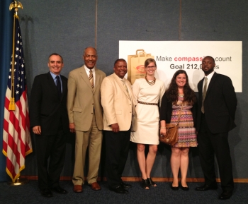 (L to R) Kevin Knobloch, DOE Chief of Staff; Fletcher Honemond, Chief Learning Officer; Doug Keeler, Feds Feeds Families National Program Manager; Ella Daniels of the Capital Area Food Bank; Jennifer Hirschorn; Rauland Sharp, 2013 Feds Feeds Families Deputy Champion. | Photo courtesy of Ella Daniels. (L to R) Kevin Knobloch, DOE Chief of Staff; Fletcher Honemond, Chief Learning Officer; Doug Keeler, Feds Feeds Families National Program Manager; Ella Daniels of the Capital Area Food Bank; Jennifer Hirschorn; Rauland Sharp, 2013 Feds Feeds Families Deputy Champion. | Photo courtesy of Ella Daniels.