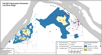 This graphic of the same area near Hanfordâs D, DR, and H reactors in 2013 shows reduced levels of the contaminant in groundwater after pump-and-treat operations significantly increased the amount of groundwater being treated per year. This graphic of the same area near Hanfordâs D, DR, and H reactors in 2013 shows reduced levels of the contaminant in groundwater after pump-and-treat operations significantly increased the amount of groundwater being treated per year.