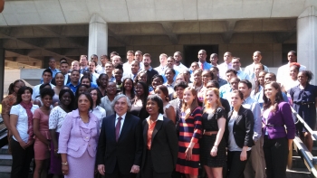 The 2013 class of Minority Educational Institution Student Partnership Program summer interns stand with Deputy Director of Minority Education Annie Whatley (front left), Secretary Ernest Moniz, and Dot Harris, Director of the Office of Economic Impact and Diversity. The 2013 class of Minority Educational Institution Student Partnership Program summer interns stand with Deputy Director of Minority Education Annie Whatley (front left), Secretary Ernest Moniz, and Dot Harris, Director of the Office of Economic Impact and Diversity.