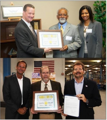 Top: MOX Services President Kelly Trice, left, presents a certificate to Wise President and Owner David Abney and Wise Marketing Director Renee Abney. Wise was recognized as a 2012 MOX Gold Supplier during a special presentation in Dayton. Bottom: Byers Precision Fabricators was recognized as a 2012 MOX Gold Supplier during a special presentation in North Carolina. Steve Marr of MOX Services (left) and Kevin Hall of NNSA (right) present Roger Byers (center) with the award. Top: MOX Services President Kelly Trice, left, presents a certificate to Wise President and Owner David Abney and Wise Marketing Director Renee Abney. Wise was recognized as a 2012 MOX Gold Supplier during a special presentation in Dayton. Bottom: Byers Precision Fabricators was recognized as a 2012 MOX Gold Supplier during a special presentation in North Carolina. Steve Marr of MOX Services (left) and Kevin Hall of NNSA (right) present Roger Byers (center) with the award.