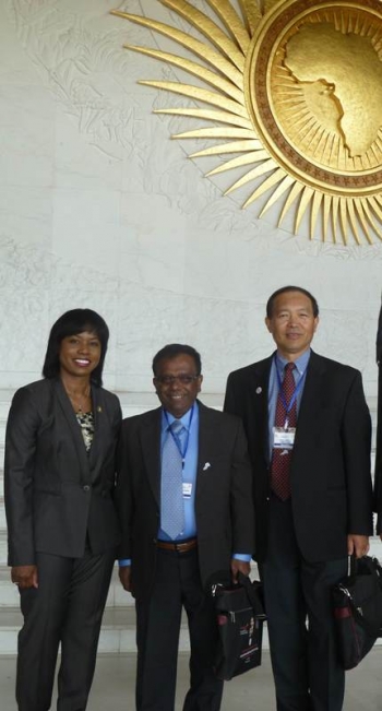 Director Dot Harris meets with Subramania I. Sritharan PhD, P.E., Central State University, and John J. Qu, Ph.D., George Mason University, fellow participants at the May 2014 U.S.-Africa Energy Ministerial in Ethiopia.
Director Dot Harris meets with Subramania I. Sritharan PhD, P.E., Central State University, and John J. Qu, Ph.D., George Mason University, fellow participants at the May 2014 U.S.-Africa Energy Ministerial in Ethiopia.