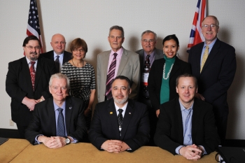 Front row, left to right: John Mathieson, Head of International Relations, U.K. Nuclear Decommissioning Authority (NDA), Joe Franco, Manager, Carlsbad Field Office (CBFO), and Graham Jonsson, Deputy Head, NDA, Sellafield Site; second row, left to right, Andrew Szilagyi, Director, EM Office of Deactivation & Decommissioning and Facility Engineering, Laurie Judd, Vice President for Government Programs, NuVision Engineering, Nancy Buschman, Engineer, EM Office of Nuclear Material Disposition, John Lawes, Contract Manager, Dounreay, Dr. Abraham Van Luik, Manager, International Programs, CBFO, Rosa Elmetti, Foreign Affairs Specialist, EM International Program, and Steve Schneider, Director, EM Office of Tank Waste Management. Front row, left to right: John Mathieson, Head of International Relations, U.K. Nuclear Decommissioning Authority (NDA), Joe Franco, Manager, Carlsbad Field Office (CBFO), and Graham Jonsson, Deputy Head, NDA, Sellafield Site; second row, left to right, Andrew Szilagyi, Director, EM Office of Deactivation & Decommissioning and Facility Engineering, Laurie Judd, Vice President for Government Programs, NuVision Engineering, Nancy Buschman, Engineer, EM Office of Nuclear Material Disposition, John Lawes, Contract Manager, Dounreay, Dr. Abraham Van Luik, Manager, International Programs, CBFO, Rosa Elmetti, Foreign Affairs Specialist, EM International Program, and Steve Schneider, Director, EM Office of Tank Waste Management.