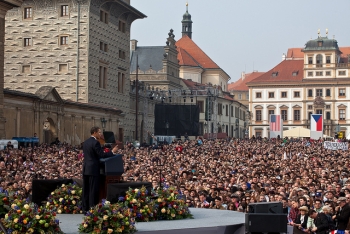 President Barack Obama delivers his first major speech stating a commitment to seek the peace and security of a world without nuclear weapons in front of thousands in Prague, Czech Republic, April 5, 2009. | Official White House Photo by Pete Souza President Barack Obama delivers his first major speech stating a commitment to seek the peace and security of a world without nuclear weapons in front of thousands in Prague, Czech Republic, April 5, 2009. | Official White House Photo by Pete Souza