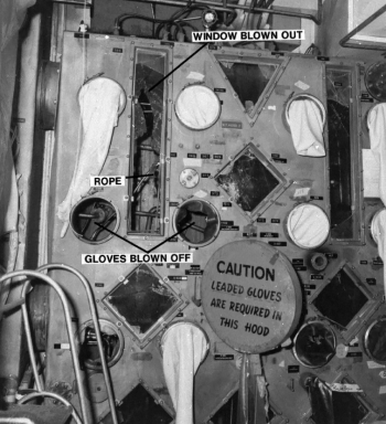 The force of the 1976 explosion blew windows and gloves from the glove box, leaving the facility heavily contaminated to this day. The force of the 1976 explosion blew windows and gloves from the glove box, leaving the facility heavily contaminated to this day.