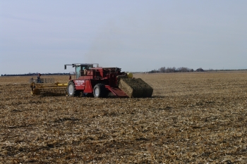 The self-propelled baler collects and packages bales of feedstock on-site that can be immediately loaded and sent to a biorefinery for use. | Photo courtesy of Antares Group. The self-propelled baler collects and packages bales of feedstock on-site that can be immediately loaded and sent to a biorefinery for use. | Photo courtesy of Antares Group.