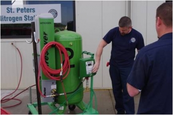 Workers demonstrate the nitrogen tank used to inflate tires in St. Peters, MO. | Courtesy of the City of St. Peters Workers demonstrate the nitrogen tank used to inflate tires in St. Peters, MO. | Courtesy of the City of St. Peters