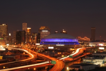 New Orleans' Mercedes-Benz Superdome features more than 26,000 LED lights on the building's exterior. The system uses only 10 kilowatts of electricity, equivalent to powering a small home. | Photo courtesy of SMG. New Orleans' Mercedes-Benz Superdome features more than 26,000 LED lights on the building's exterior. The system uses only 10 kilowatts of electricity, equivalent to powering a small home. | Photo courtesy of SMG.