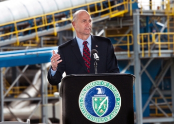 Under Secretary for Nuclear Security Thomas DâAgostino addresses an audience of about 150 people during the ribbon-cutting ceremony for the SRS Biomass Cogeneration
Facility. âProjects like the SRS biomass facility are helping to deliver energy efficiency savings that benefit both taxpayers and the environment. Hundreds of people were put to work building this new facility that will save money, dramatically reduce emissions at the Savannah River Site and help the Department to achieve our energy saving goals," D'Agostino said. Under Secretary for Nuclear Security Thomas DâAgostino addresses an audience of about 150 people during the ribbon-cutting ceremony for the SRS Biomass Cogeneration
Facility. âProjects like the SRS biomass facility are helping to deliver energy efficiency savings that benefit both taxpayers and the environment. Hundreds of people were put to work building this new facility that will save money, dramatically reduce emissions at the Savannah River Site and help the Department to achieve our energy saving goals," D'Agostino said.